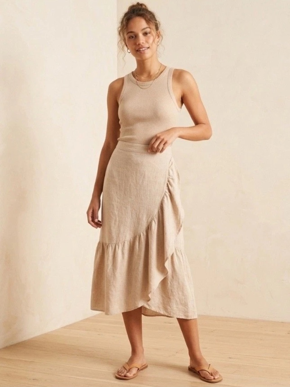Madewell Beige Linen Blend Ruffled Midi Skirt with Asymmetrical Hem